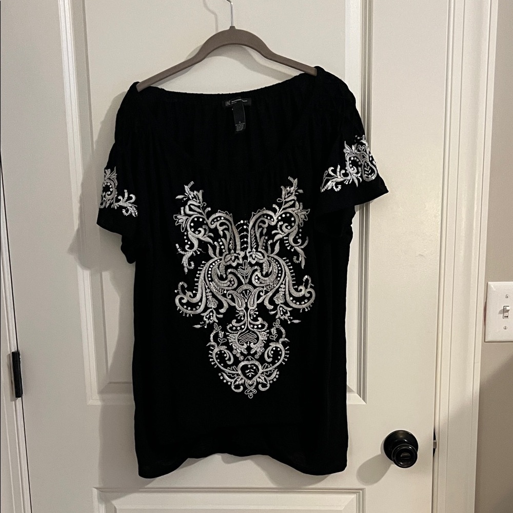 INC International Concepts Black Top with White Embroidery
